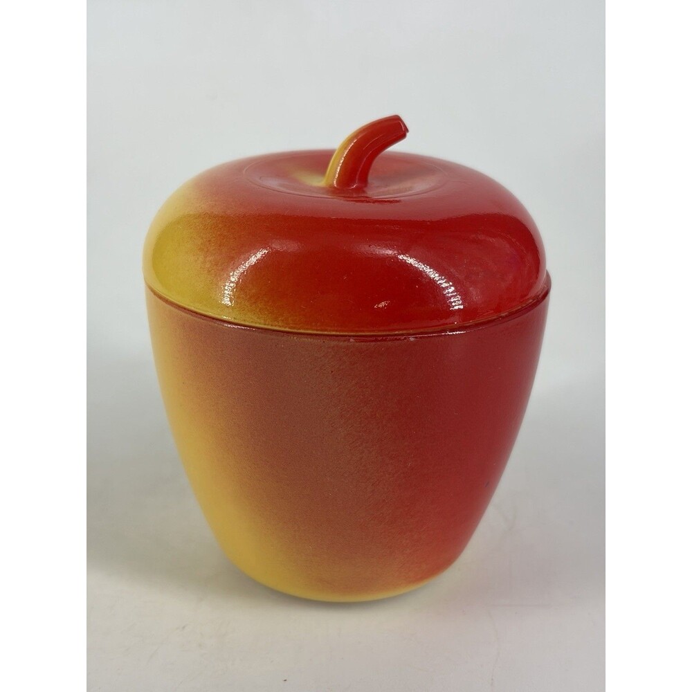 Hazel Atlas Red Yellow Milk Glass Apple Sugar Bowl Jam Jar W/ Lid Vintage MCM